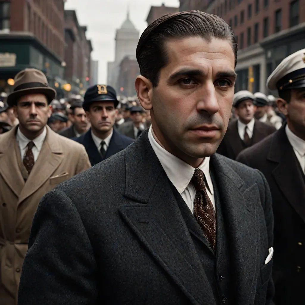 a man in a suit and tie standing in front of a crowd of men in uniform in a city, a colorized photo, Don Arday, harlem renaissance, vfx