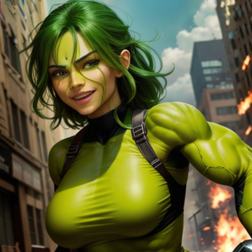 a woman in a green outfit is holding a gun and a gun in her hand, with a city background