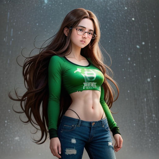 a woman in a green top and jeans posing for a picture in the rain with her hair blowing in the wind
