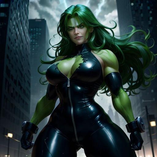 a woman in a black and green outfit standing in a city street with a lightning behind her and a cityscape in the background