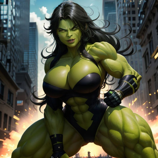 a woman in a green outfit is posing for a picture in the city with a huge muscular body and huge breasts