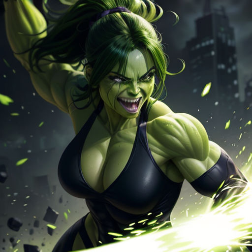 a woman with green hair and a black bra top is holding a green light saber in her hand and a city in the background