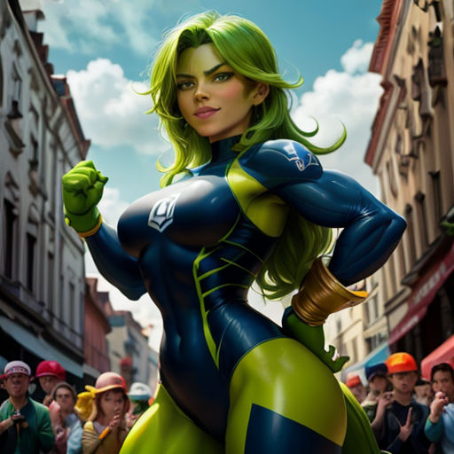 a woman in a green and blue outfit is standing in the street with a crowd of people behind her
