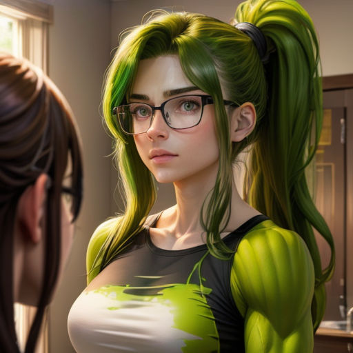 a woman with green hair and glasses looking at another woman with green hair and glasses looking at her reflection in a mirror