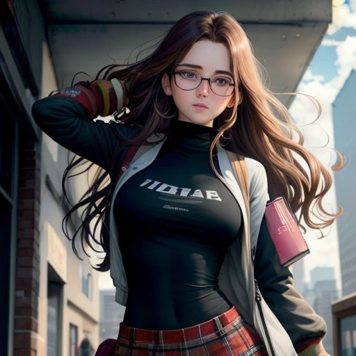 a woman in a skirt and glasses is standing outside of a building with her hair in the wind and her hand on her hip