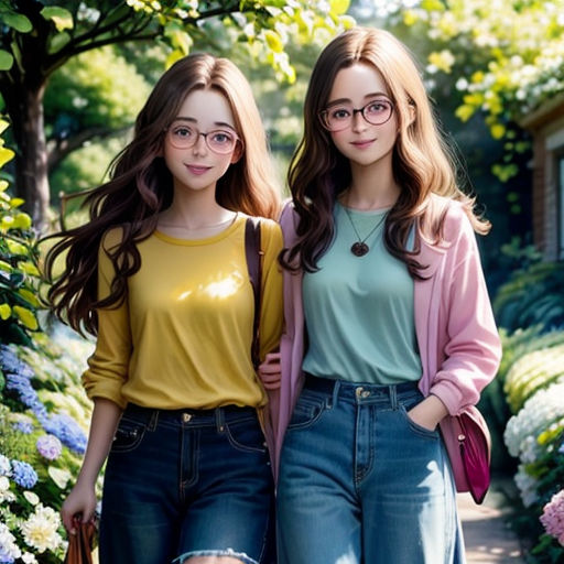 two girls are standing next to each other in front of flowers and trees, one is wearing glasses and the other is wearing a yellow shirt