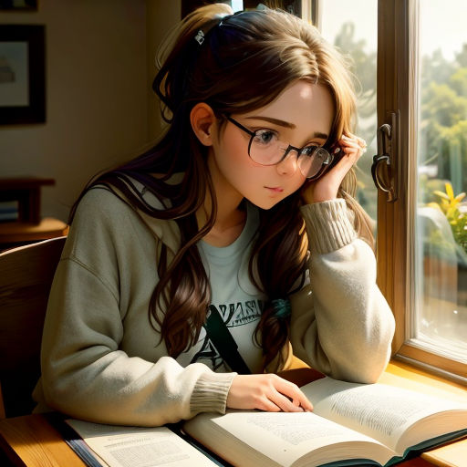 a girl wearing glasses is reading a book and looking out the window at the scenery outside the window sill