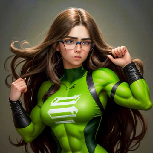 a woman in a green suit with glasses and a fist up in the air, with her arms behind her head