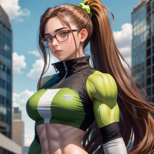 a woman with glasses and a green and white top on a city street with buildings in the background and a sky background