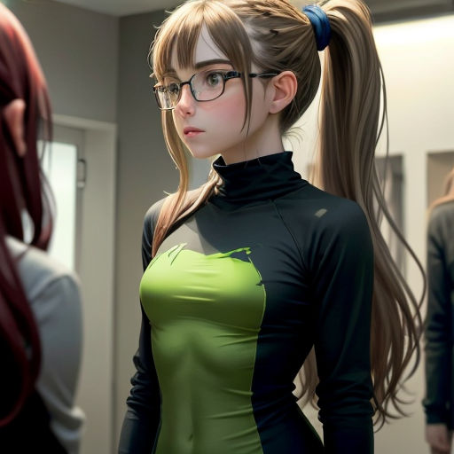 a woman with glasses and a ponytail in a green and black dress with a ponytail in her hair and a ponytail in her hair