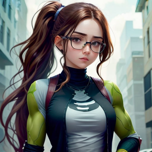 a woman in glasses and a jacket is standing in the street with her hands on her hips and looking at the camera