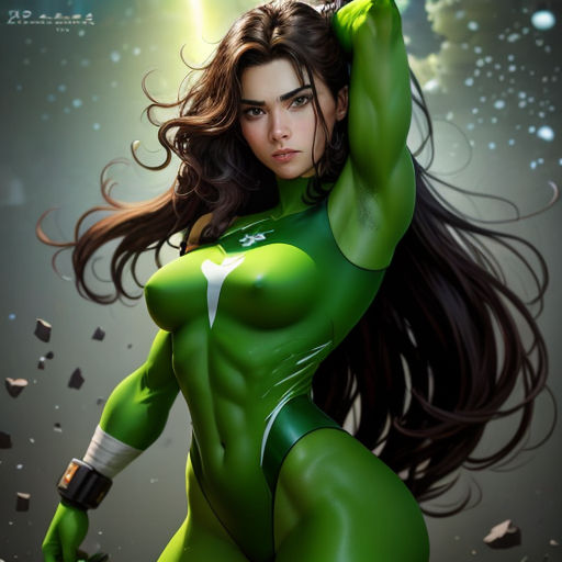 a woman in a green suit with a sword in her hand and a green light shining behind her head