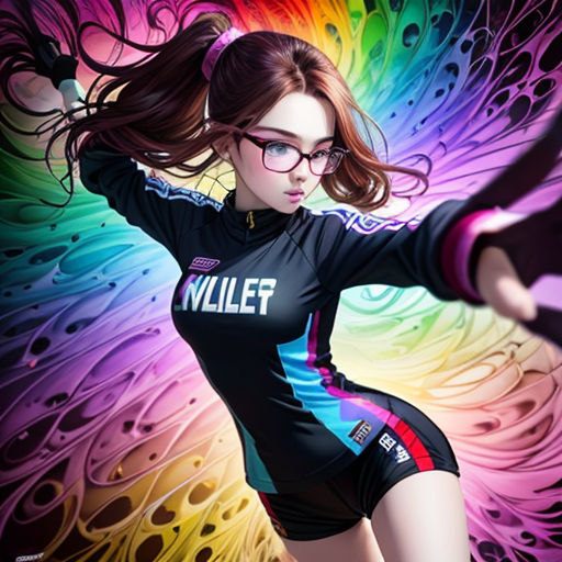 a girl in a colorful outfit with glasses on her head and a colorful background behind her is a colorful butterfly