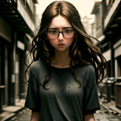 a woman with glasses standing in a narrow alleyway in a city with buildings and a train track in the background