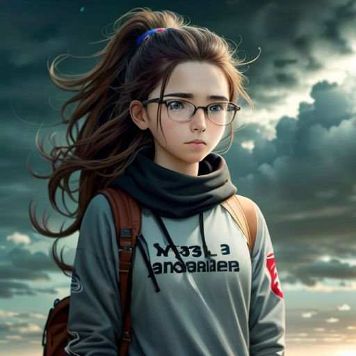 a girl with glasses and a backpack is standing in front of a cloudy sky with a sky background and clouds