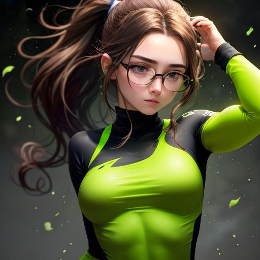 a woman in a green and black outfit with glasses on her head and a ponytail in her hair, with green confetti around her neck