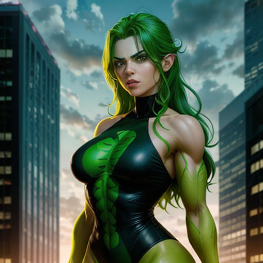 a woman in a green and black outfit standing in front of a cityscape with skyscrapers in the background