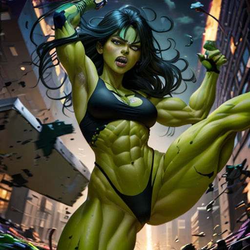 a woman in a bikini and body paint posing for a picture in a city street with buildings and skyscrapers
