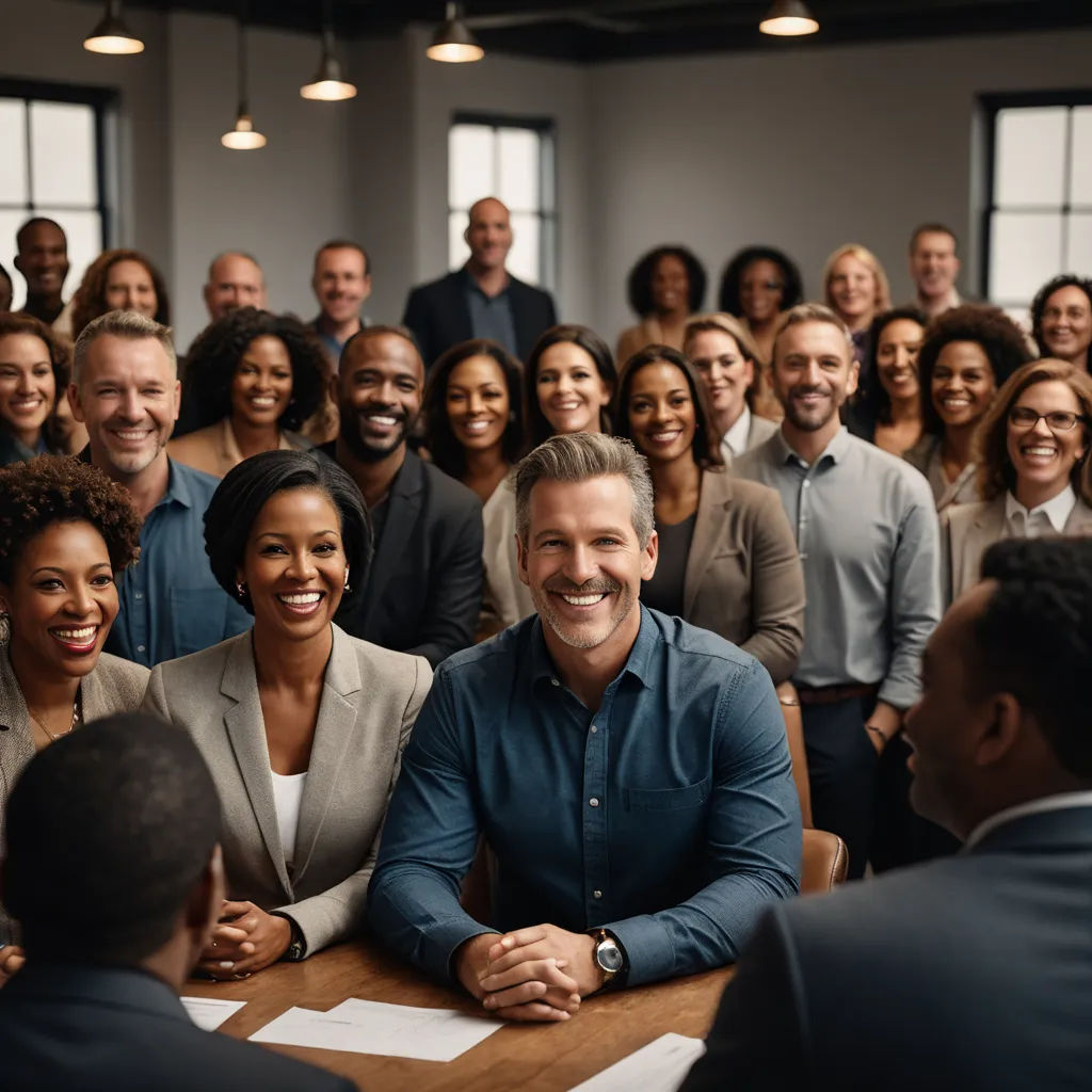 a group of people sitting around a table smiling for a picture together in a large room with windows and a wooden table, incoherents, a stock photo, Bourgeois, professional photo