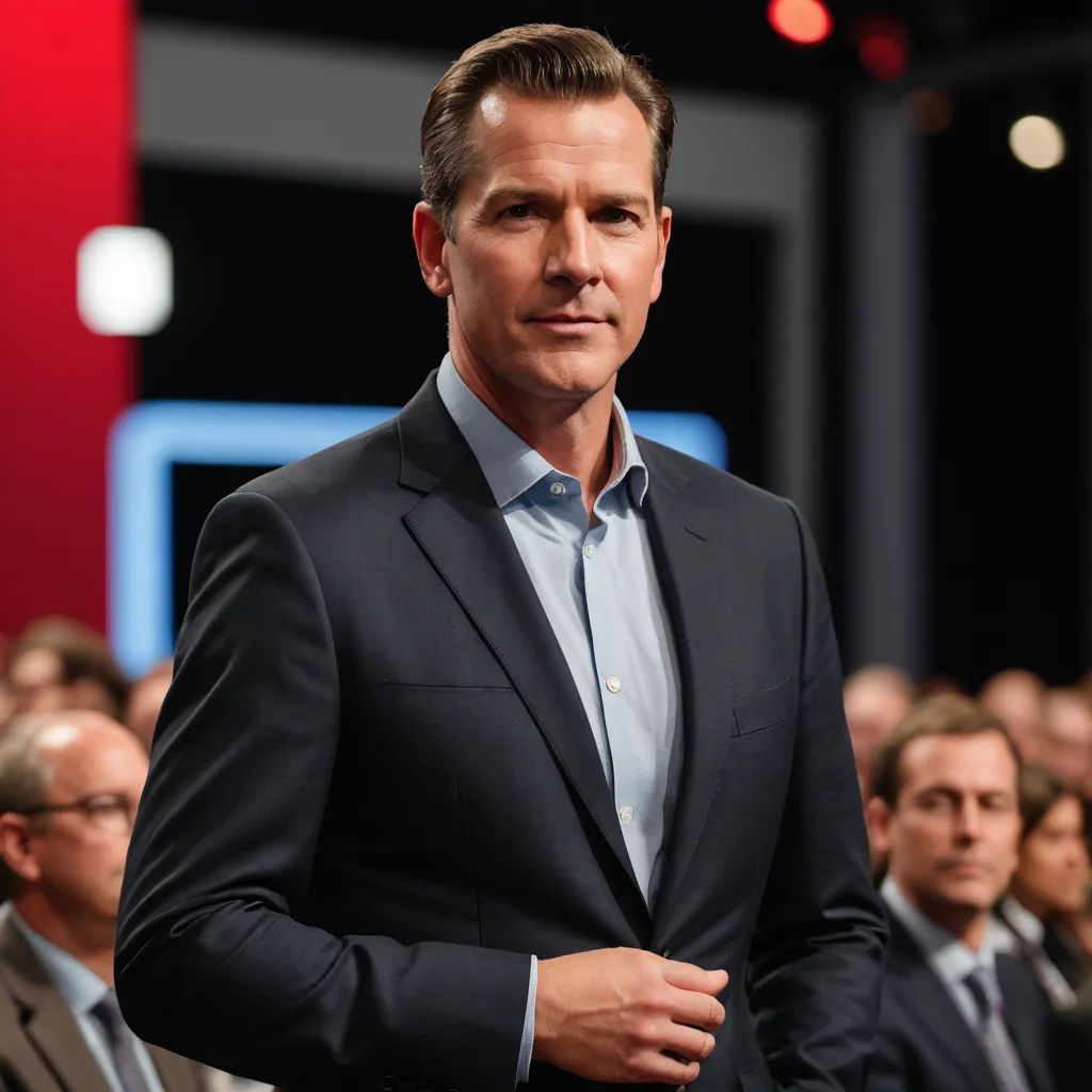 a man in a suit standing in front of a crowd of people at a convention or conference hall with his hands in his pockets, arbeitsrat für kunst, a stock photo, Dan Scott, peter konig