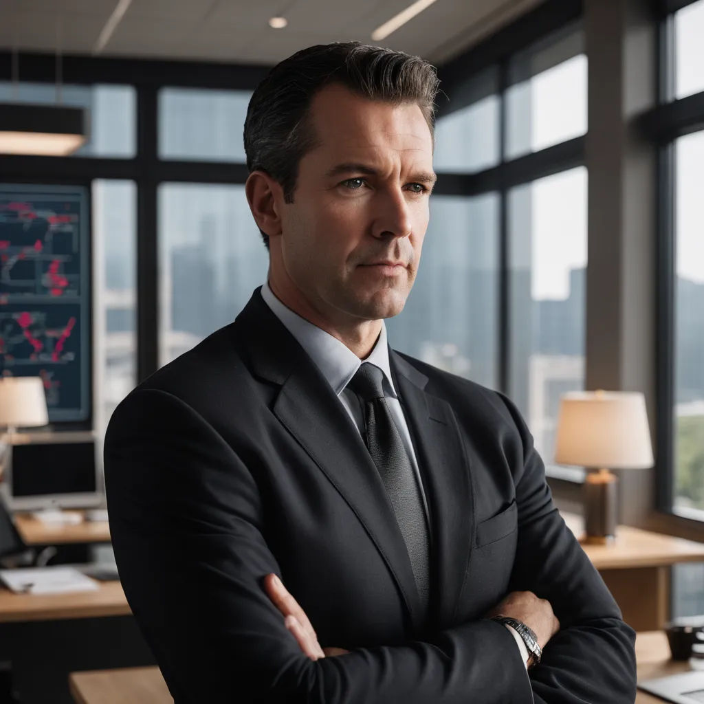 a man in a suit and tie standing in an office with his arms crossed and looking at the camera, new objectivity, a stock photo, Dan Scott, j. c. leyendecker 8 k