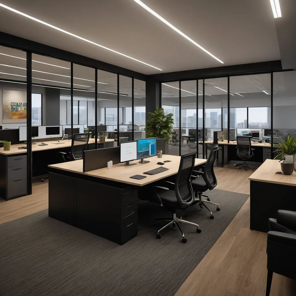 a large open office with a desk and chairs and a computer monitor on a desk in front of a window, arbeitsrat für kunst, a 3D render, Cedric Seaut (Keos Masons), realistic render