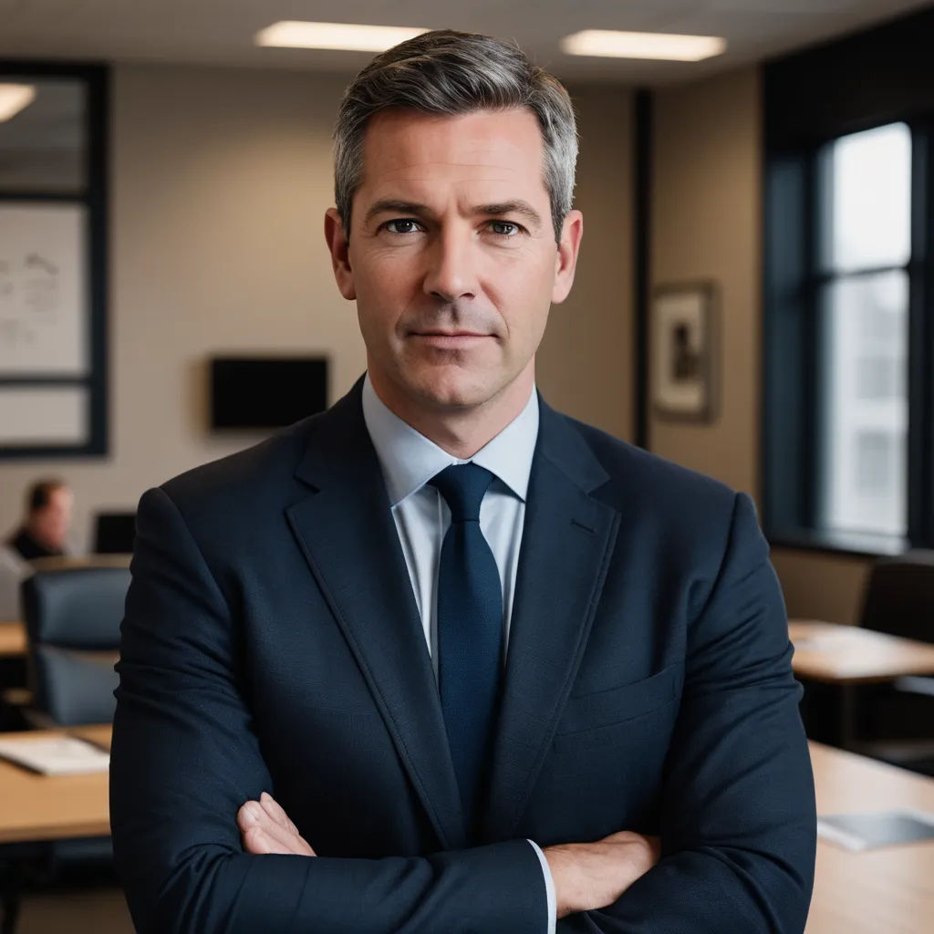 a man in a suit and tie standing in a room with tables and chairs and a window with a view of the city, private press, a stock photo, Andrew Domachowski, professional photo