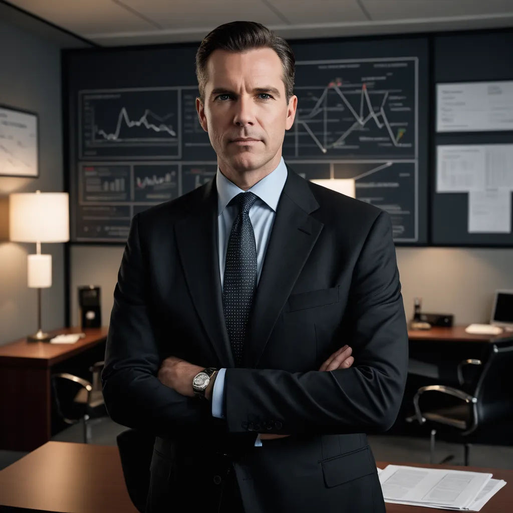 a man in a suit and tie standing in front of a desk with a bunch of papers on it, dau-al-set, a character portrait, Dan Scott, promotional image