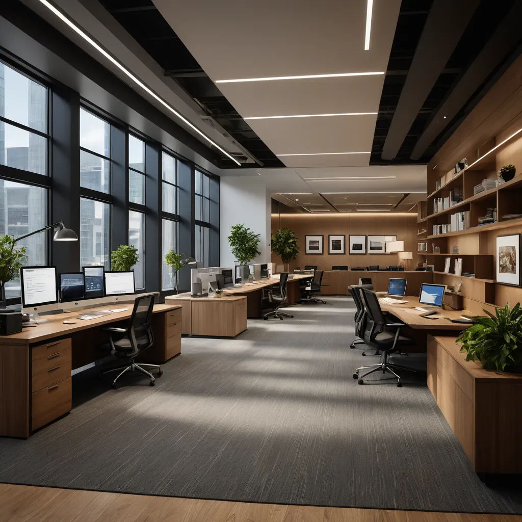 a large office with a lot of desks and a big window with a view of the city outside, light and space, a digital rendering, David Chipperfield, unreal engine 5 highly rendered