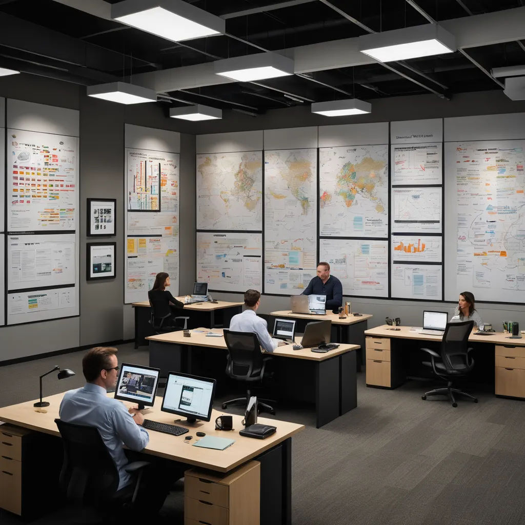 a group of people sitting at desks in an office setting with a map on the wall behind them, new objectivity, a digital rendering, Enguerrand Quarton, cgstudio