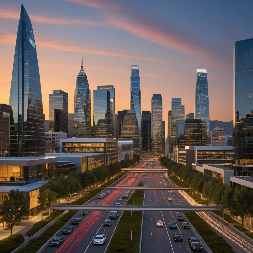 a city skyline with a lot of tall buildings and a street with cars on it at dusk with a pink sky, futurism, a digital rendering, Edi Rama, city background