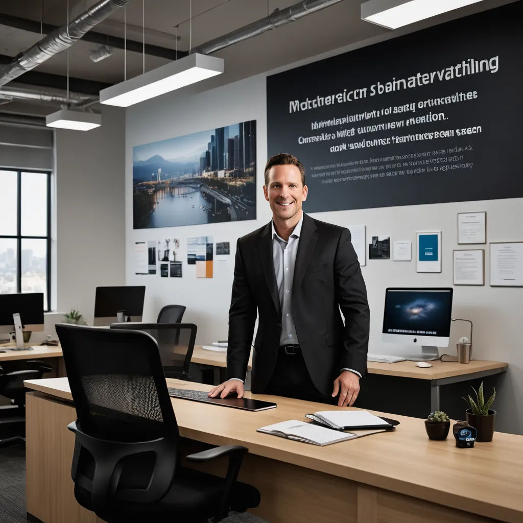 a man in a suit standing at a desk in an office with a monitor and laptop on it and a book, arbeitsrat für kunst, a stock photo, Daniel Ljunggren, professional photo