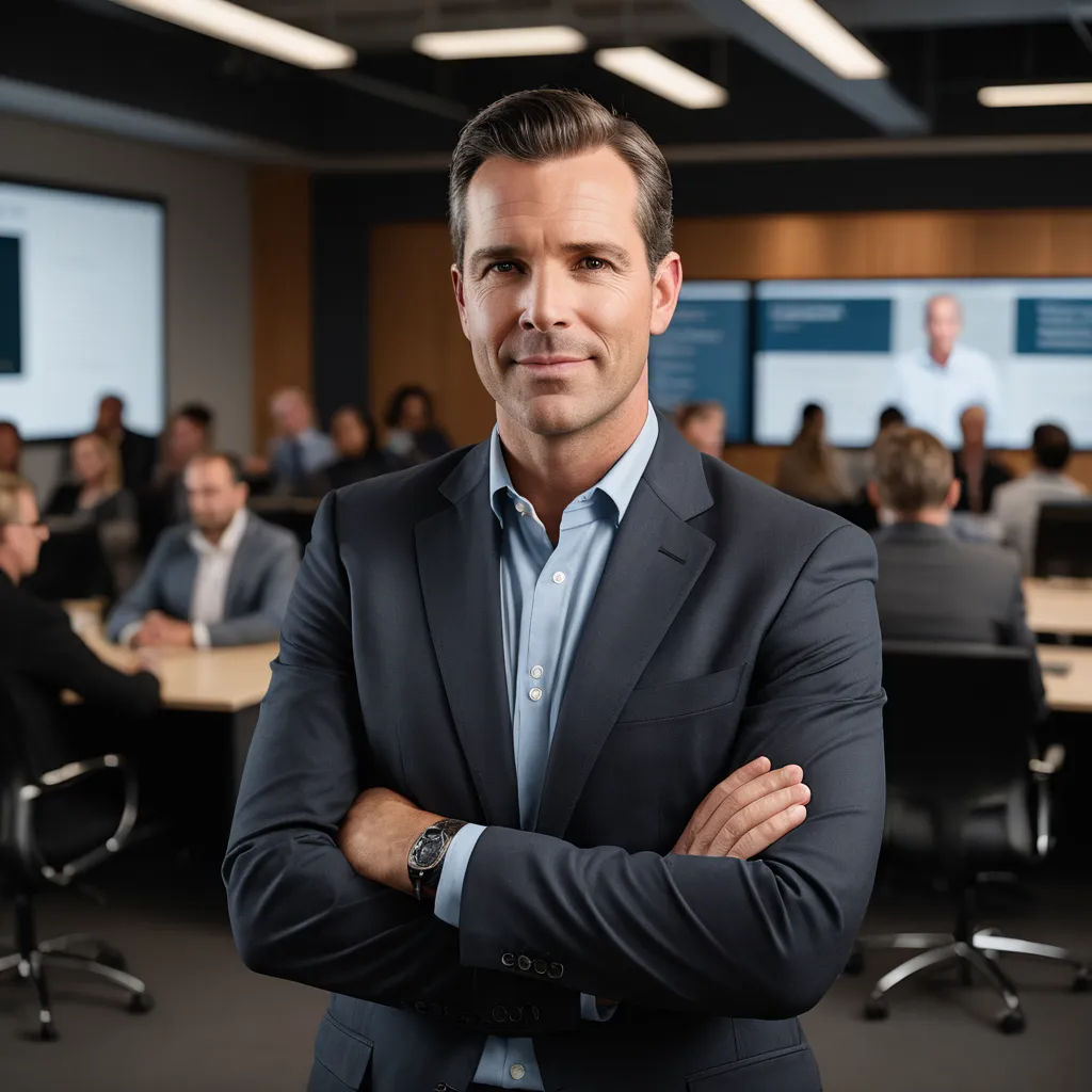a man in a suit standing in front of a room full of people with their arms crossed and looking at the camera, arbeitsrat für kunst, a stock photo, Albert Paris Gütersloh, professional photo