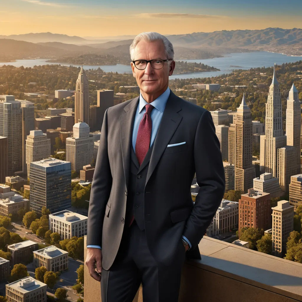 a man in a suit and tie standing on a ledge in front of a cityscape with a lake and mountains in the background, neoism, a stock photo, Erlund Hudson, cityscape