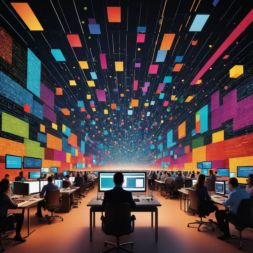 a room filled with people sitting at desks in front of computers and monitors with colorful squares on the ceiling, net art, computer graphics, Filip Hodas, extreme illustration