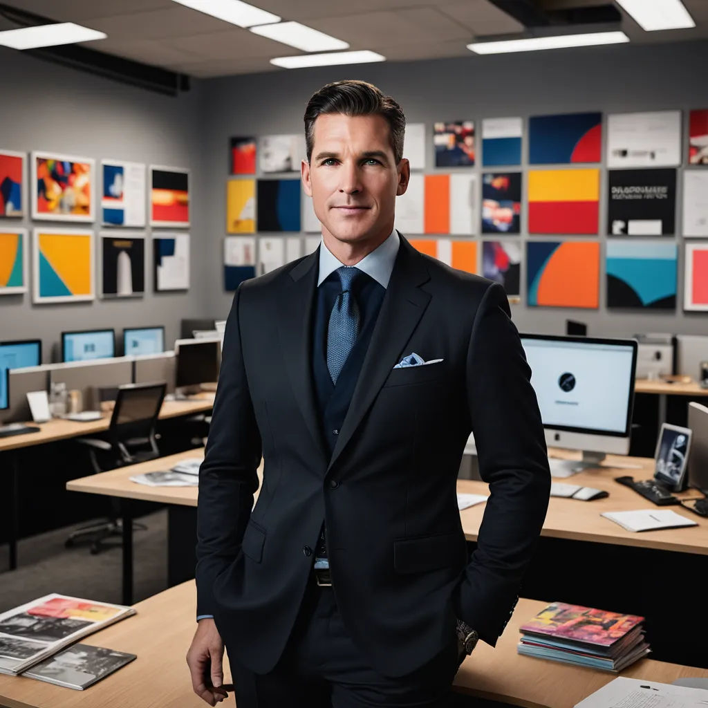 a man in a suit standing in front of a desk with computers on it and a lot of pictures on the wall, private press, a poster, Andrew Domachowski, offset printing technique