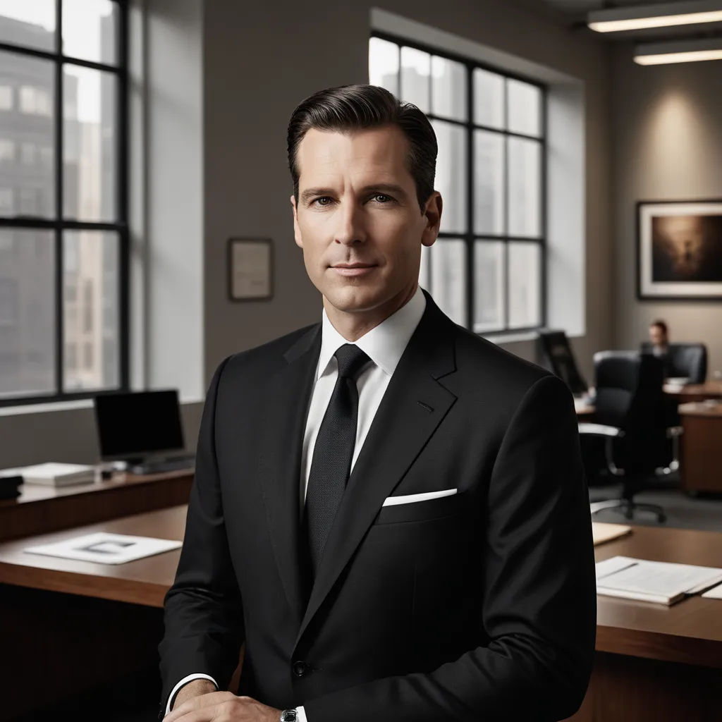 a man in a suit and tie standing in an office setting with a desk and chairs in the background, new objectivity, a character portrait, Dan Scott, professional photo