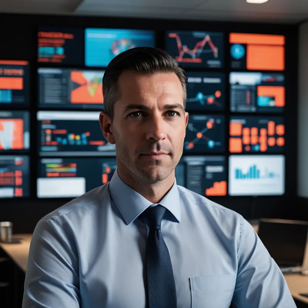 a man in a tie is standing in front of a wall of monitors with graphs on it and a laptop, new objectivity, a stock photo, Aaron Bohrod, professional photo
