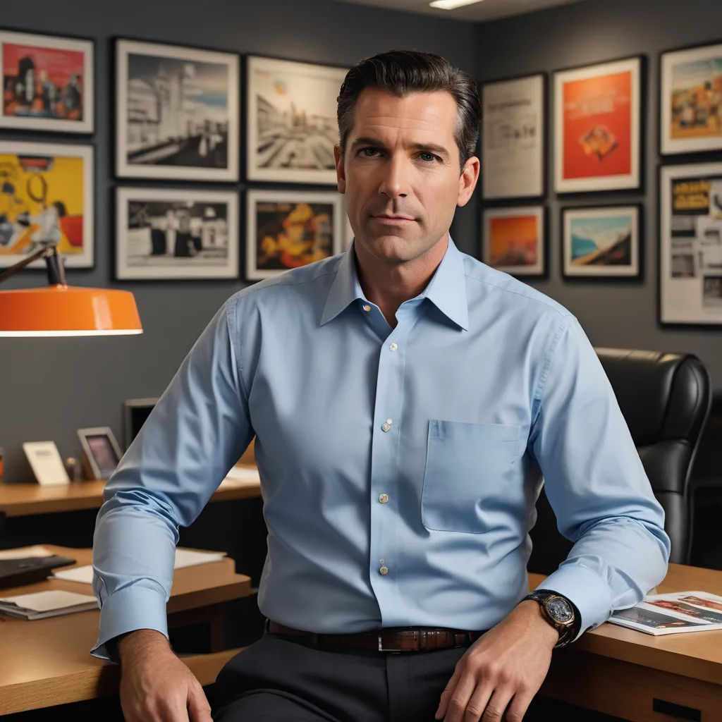 a man sitting at a desk in an office with posters on the wall behind him and a lamp on the desk, private press, a stock photo, Dan Scott, promotional image