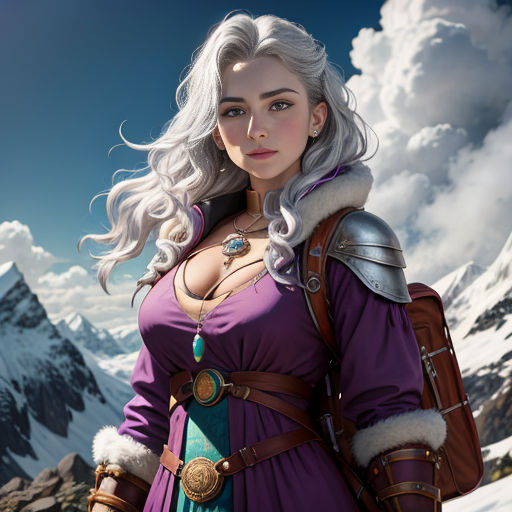 a woman in a purple dress standing in front of a mountain range with a sword in her hand and a large, white hair