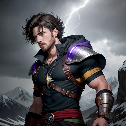 a man in a costume standing in front of a mountain with a lightning bolt in the background and a storm cloud in the sky