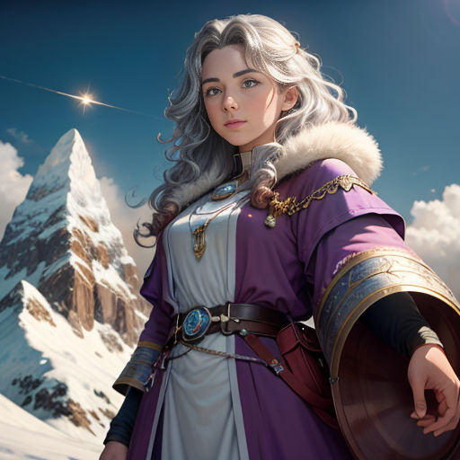 a woman in a purple dress standing in front of a mountain with a snow covered mountain in the background