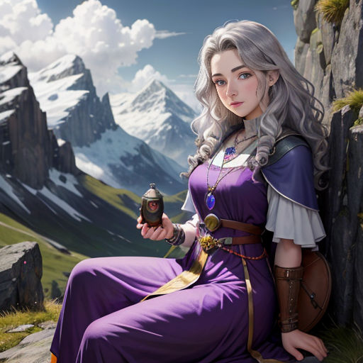 a woman in a purple dress sitting on a rock with a mountain in the background and a mountain range in the background