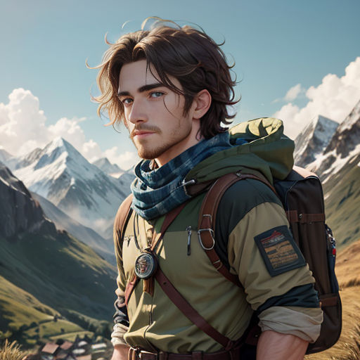 a man with a backpack on a mountain side with a view of a town and mountains in the background