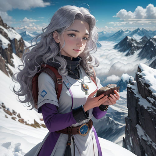 a woman in a white dress standing on a mountain holding a cell phone in her hand and looking at the camera