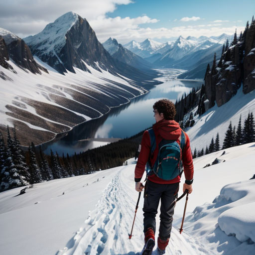 a man with a backpack and skis walking up a snowy hill towards a lake and mountains in the distance