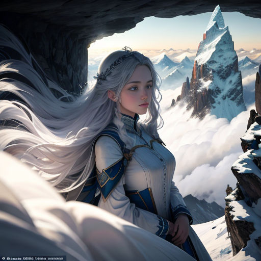 a woman in a white dress standing in a cave with mountains in the background and clouds in the foreground