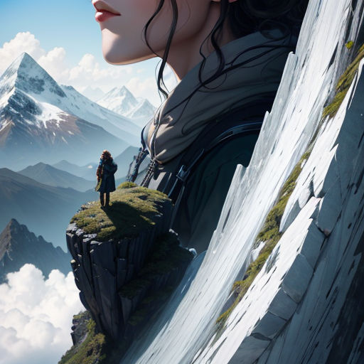 a woman standing on top of a mountain next to a cliff with a man standing on top of it