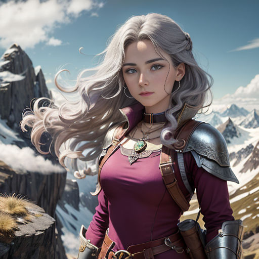 a woman in a purple dress standing in front of a mountain range with a wolf in the background and a wolf in the foreground