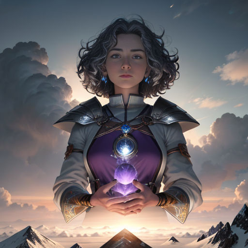 a woman holding a crystal ball in her hands in front of a mountain range with clouds and mountains in the background
